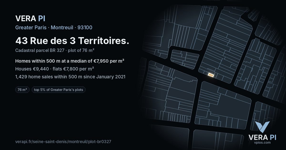 43 Rue des 3 Territoires, Montreuil at night – the plot lit, the parcels around coloured by the prices near them