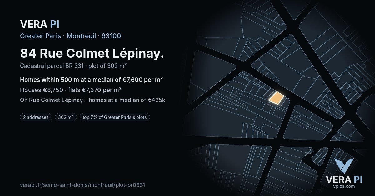 84 Rue Colmet Lépinay, Montreuil at night – the plot lit, the parcels around coloured by the prices near them