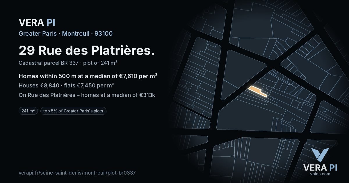 29 Rue des Platrières, Montreuil at night – the plot lit, the parcels around coloured by the prices near them