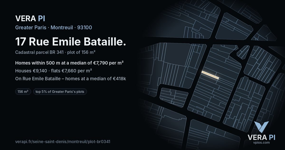 17 Rue Emile Bataille, Montreuil at night – the plot lit, the parcels around coloured by the prices near them