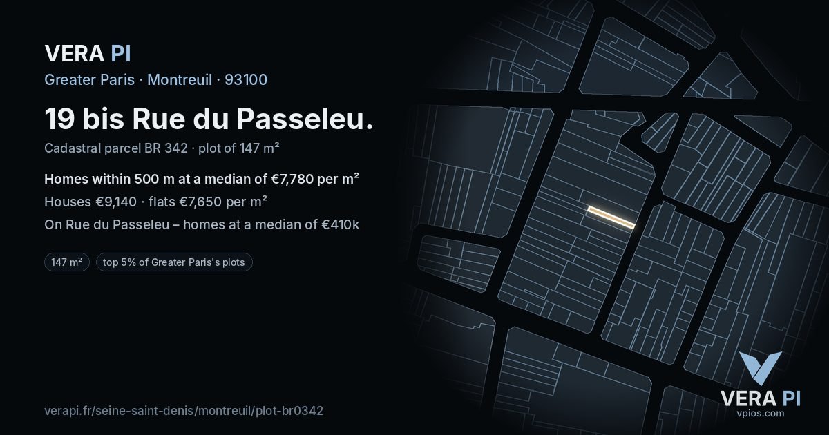 19 bis Rue du Passeleu, Montreuil at night – the plot lit, the parcels around coloured by the prices near them