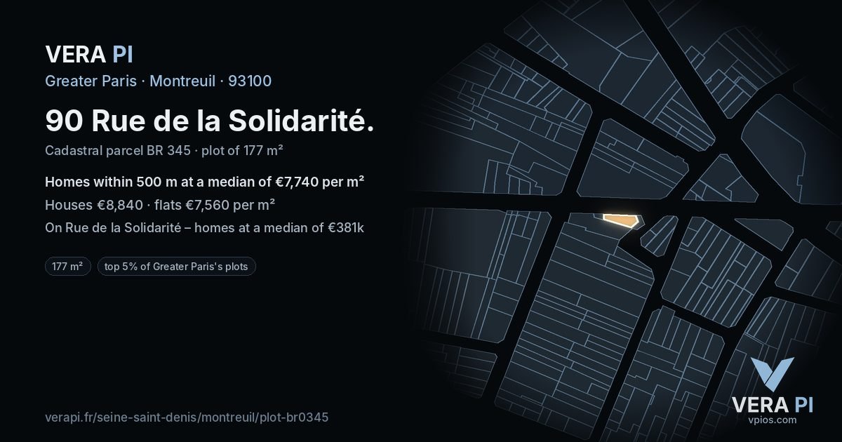 90 Rue de la Solidarité, Montreuil at night – the plot lit, the parcels around coloured by the prices near them