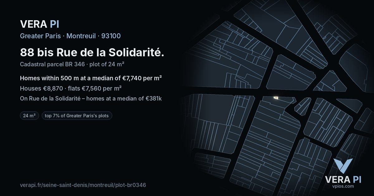 88 bis Rue de la Solidarité, Montreuil at night – the plot lit, the parcels around coloured by the prices near them