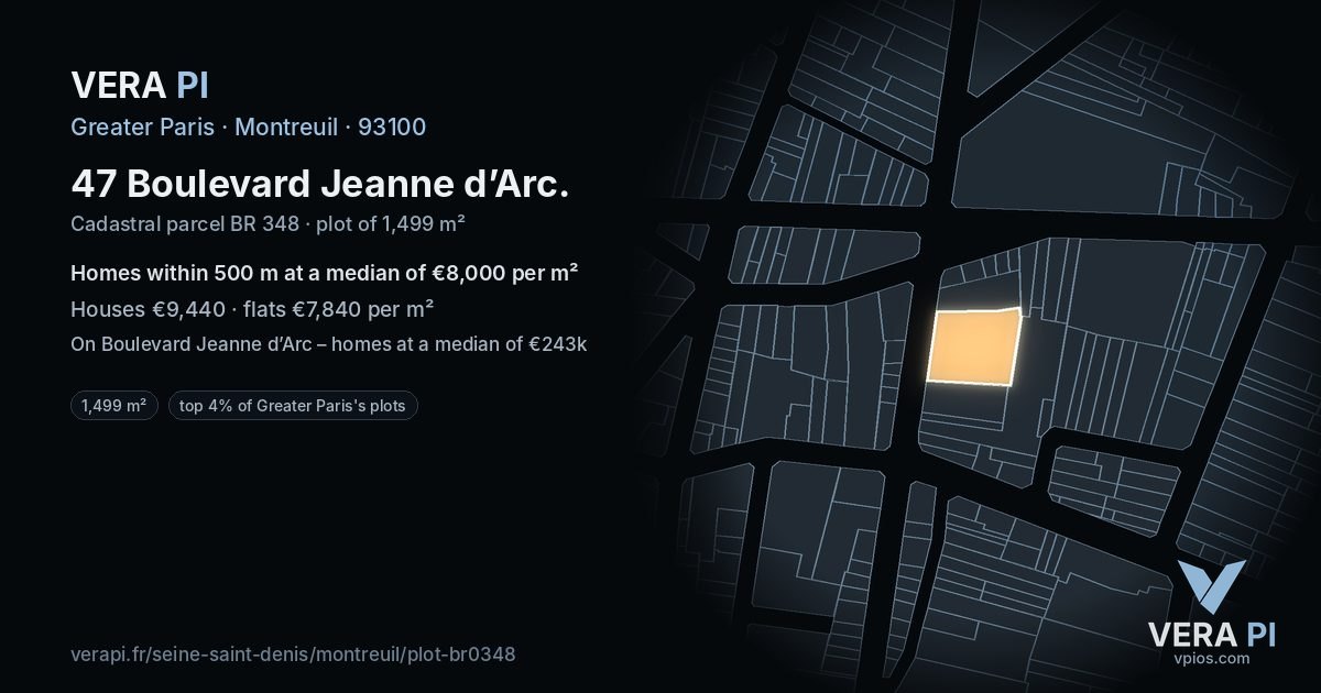 47 Boulevard Jeanne d’Arc, Montreuil at night – the plot lit, the parcels around coloured by the prices near them