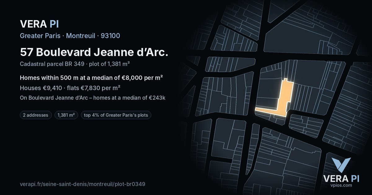 57 Boulevard Jeanne d’Arc, Montreuil at night – the plot lit, the parcels around coloured by the prices near them