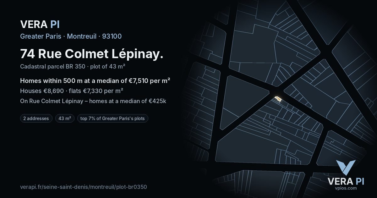 74 Rue Colmet Lépinay, Montreuil at night – the plot lit, the parcels around coloured by the prices near them