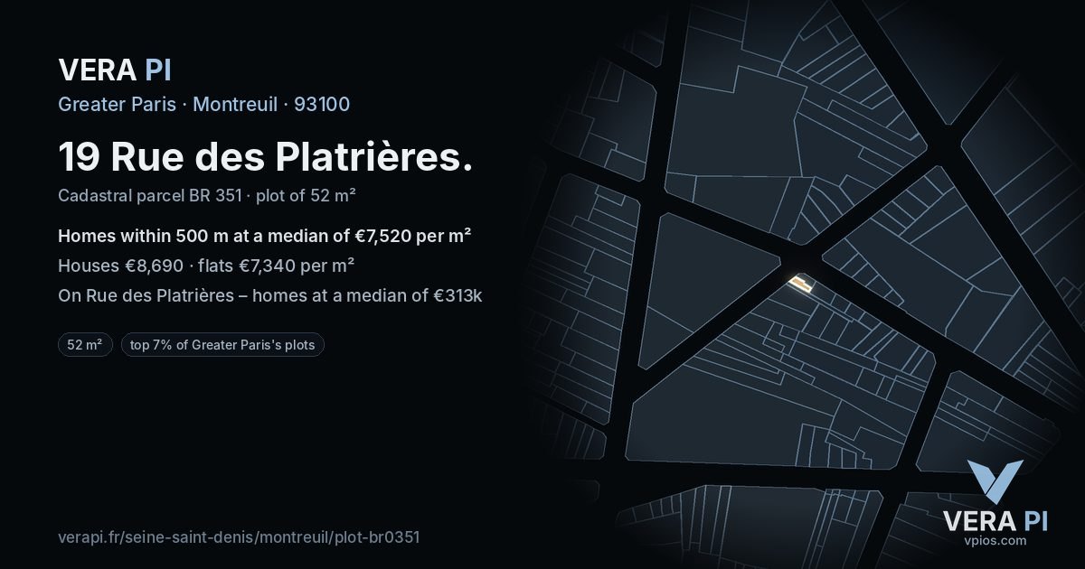 19 Rue des Platrières, Montreuil at night – the plot lit, the parcels around coloured by the prices near them