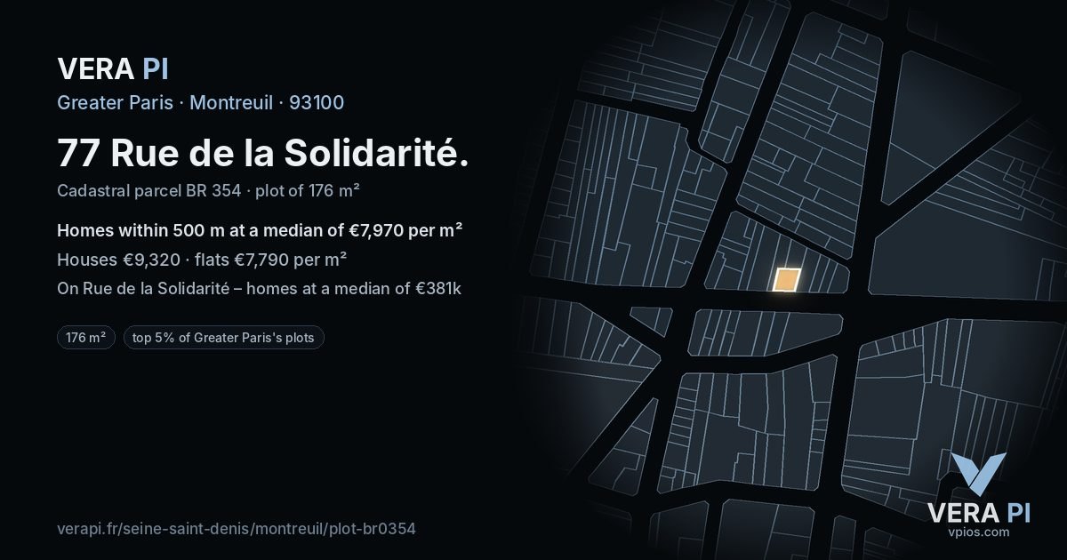 77 Rue de la Solidarité, Montreuil at night – the plot lit, the parcels around coloured by the prices near them