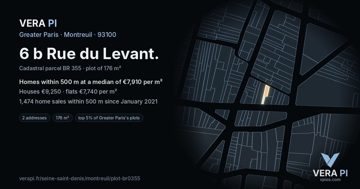 6 b Rue du Levant, Montreuil at night – the plot lit, the parcels around coloured by the prices near them