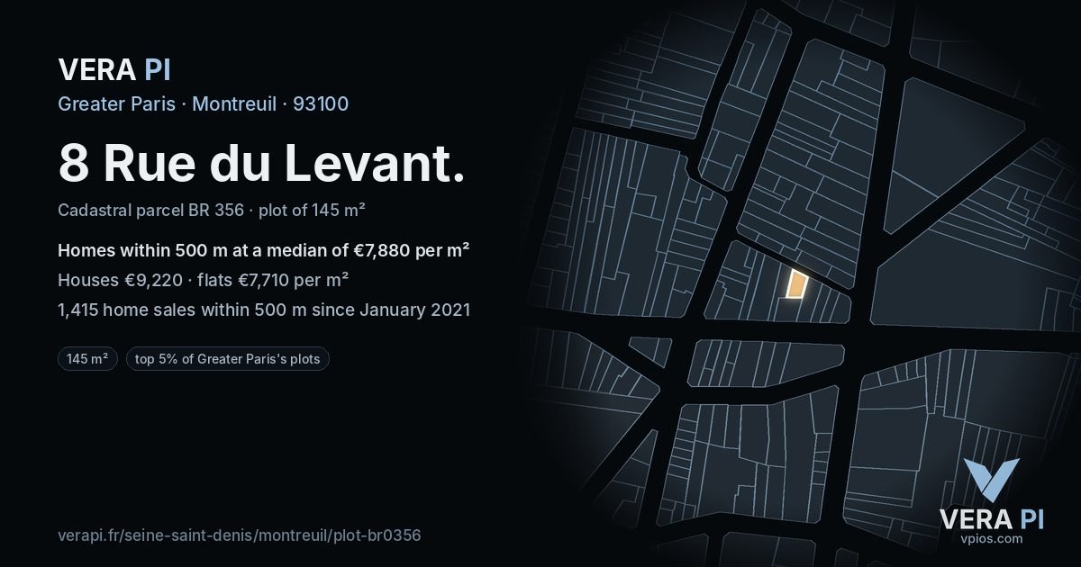 8 Rue du Levant, Montreuil at night – the plot lit, the parcels around coloured by the prices near them