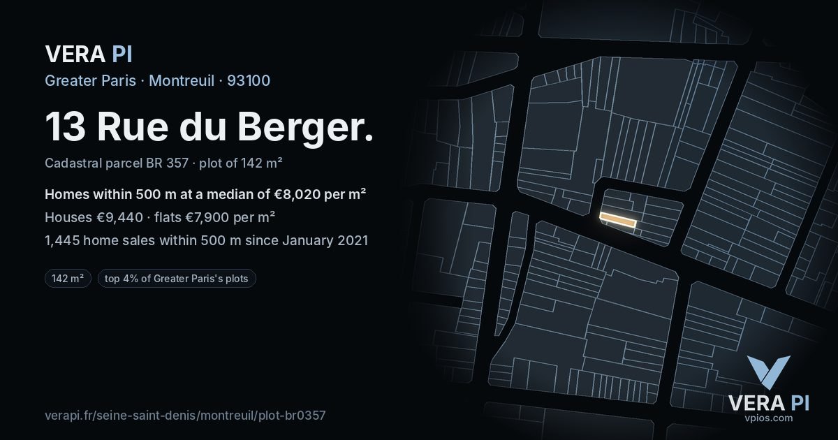 13 Rue du Berger, Montreuil at night – the plot lit, the parcels around coloured by the prices near them