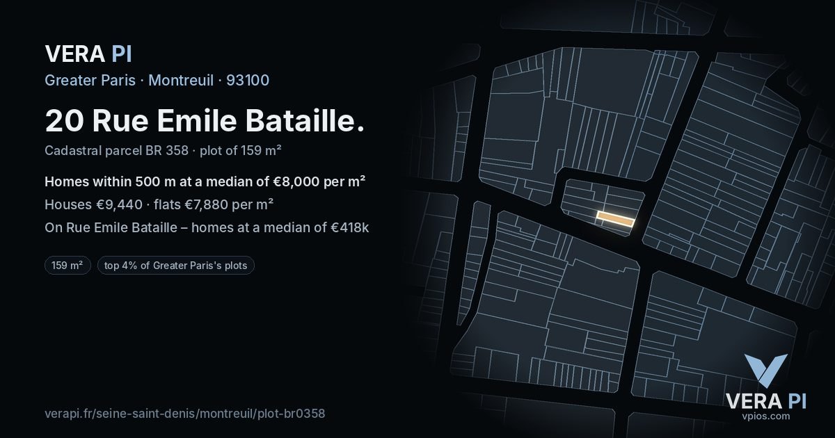 20 Rue Emile Bataille, Montreuil at night – the plot lit, the parcels around coloured by the prices near them