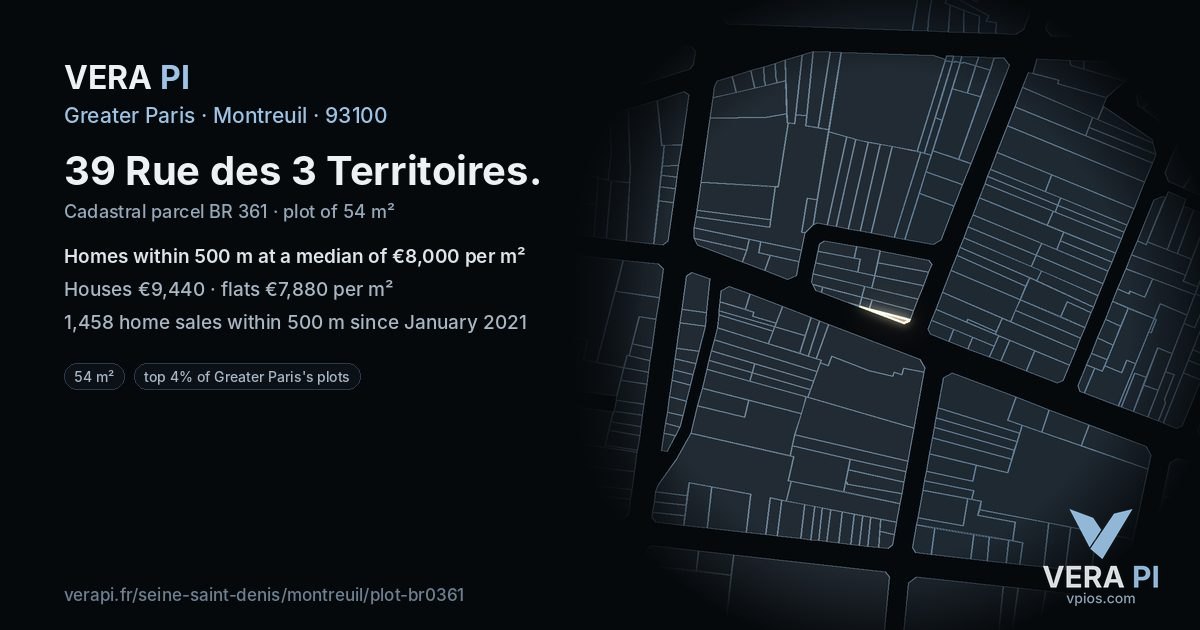 39 Rue des 3 Territoires, Montreuil at night – the plot lit, the parcels around coloured by the prices near them