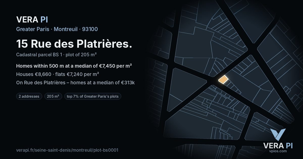 15 Rue des Platrières, Montreuil at night – the plot lit, the parcels around coloured by the prices near them