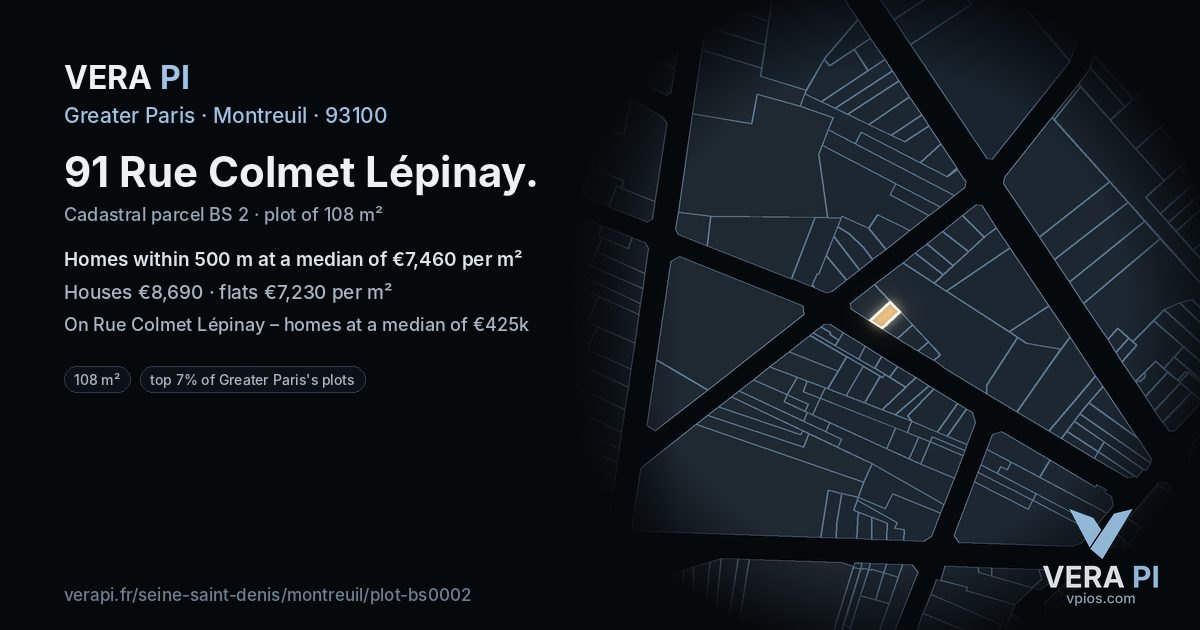 91 Rue Colmet Lépinay, Montreuil at night – the plot lit, the parcels around coloured by the prices near them