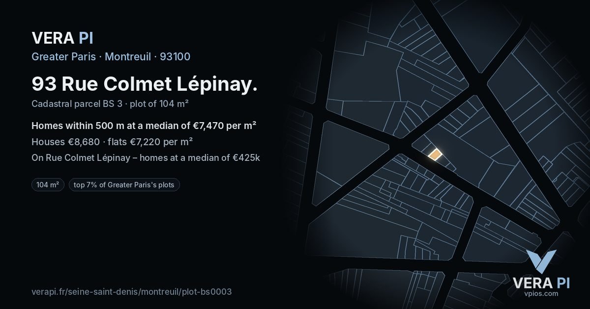 93 Rue Colmet Lépinay, Montreuil at night – the plot lit, the parcels around coloured by the prices near them