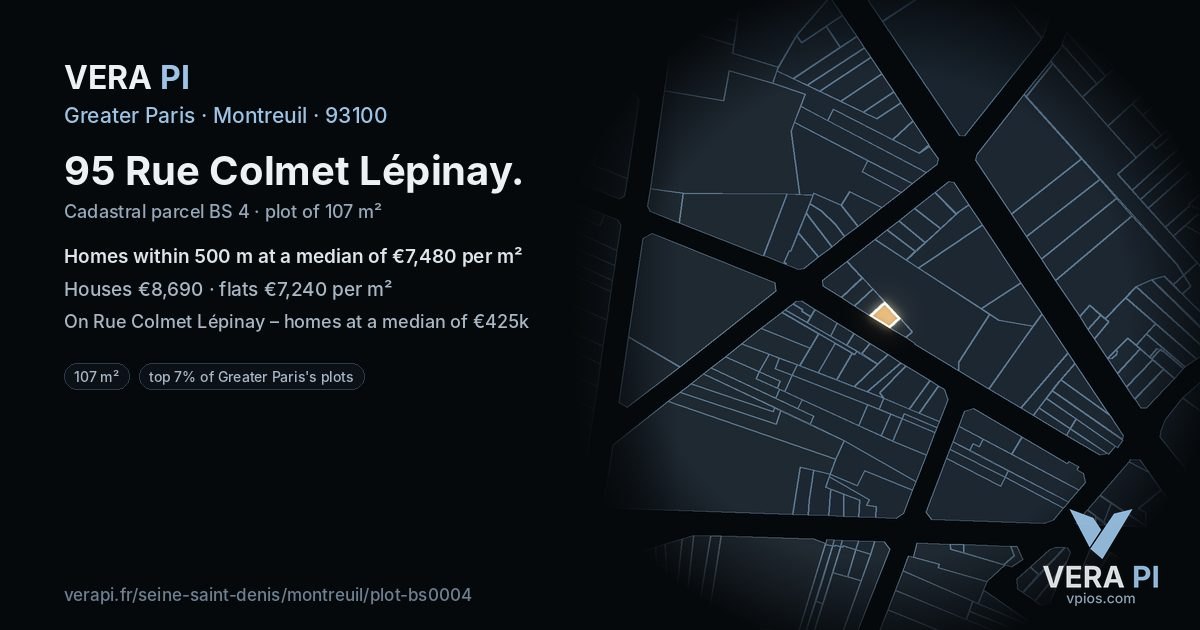 95 Rue Colmet Lépinay, Montreuil at night – the plot lit, the parcels around coloured by the prices near them