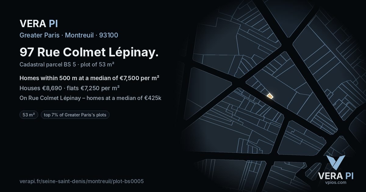 97 Rue Colmet Lépinay, Montreuil at night – the plot lit, the parcels around coloured by the prices near them