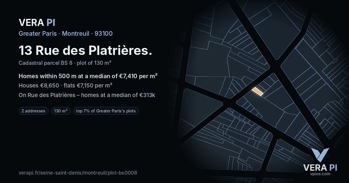 13 Rue des Platrières, Montreuil at night – the plot lit, the parcels around coloured by the prices near them