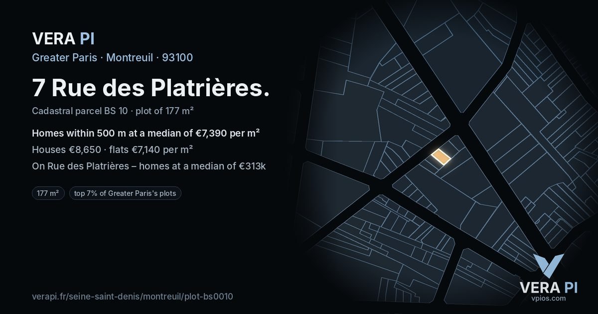 7 Rue des Platrières, Montreuil at night – the plot lit, the parcels around coloured by the prices near them