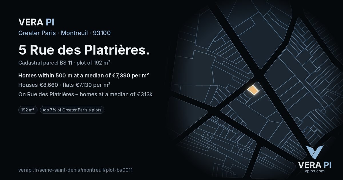 5 Rue des Platrières, Montreuil at night – the plot lit, the parcels around coloured by the prices near them