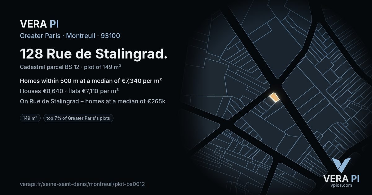 128 Rue de Stalingrad, Montreuil at night – the plot lit, the parcels around coloured by the prices near them