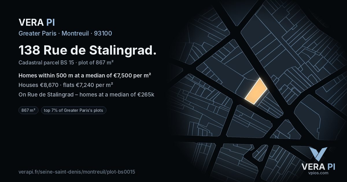 138 Rue de Stalingrad, Montreuil at night – the plot lit, the parcels around coloured by the prices near them