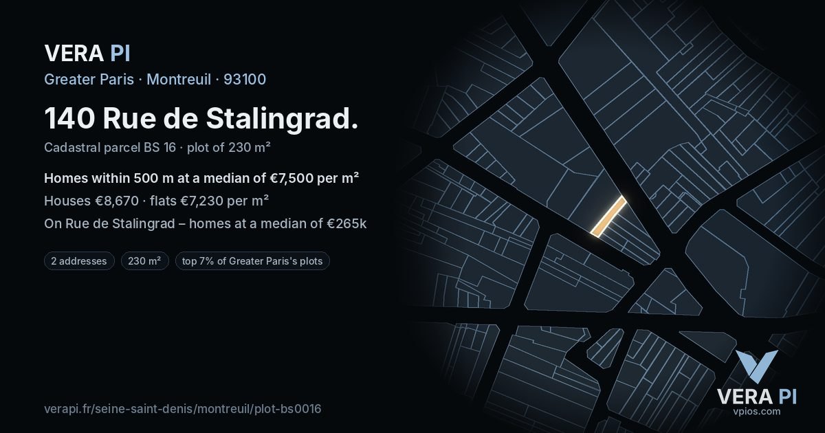 140 Rue de Stalingrad, Montreuil at night – the plot lit, the parcels around coloured by the prices near them