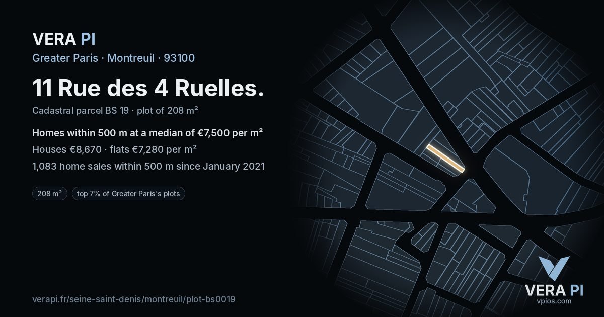 11 Rue des 4 Ruelles, Montreuil at night – the plot lit, the parcels around coloured by the prices near them