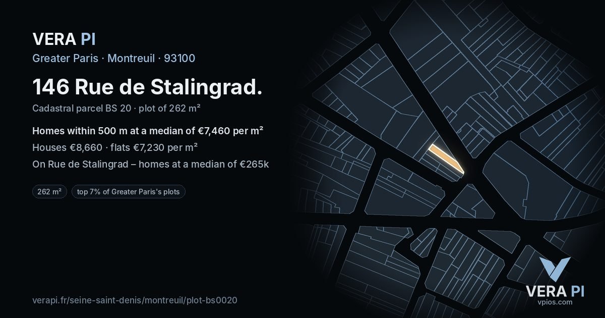 146 Rue de Stalingrad, Montreuil at night – the plot lit, the parcels around coloured by the prices near them
