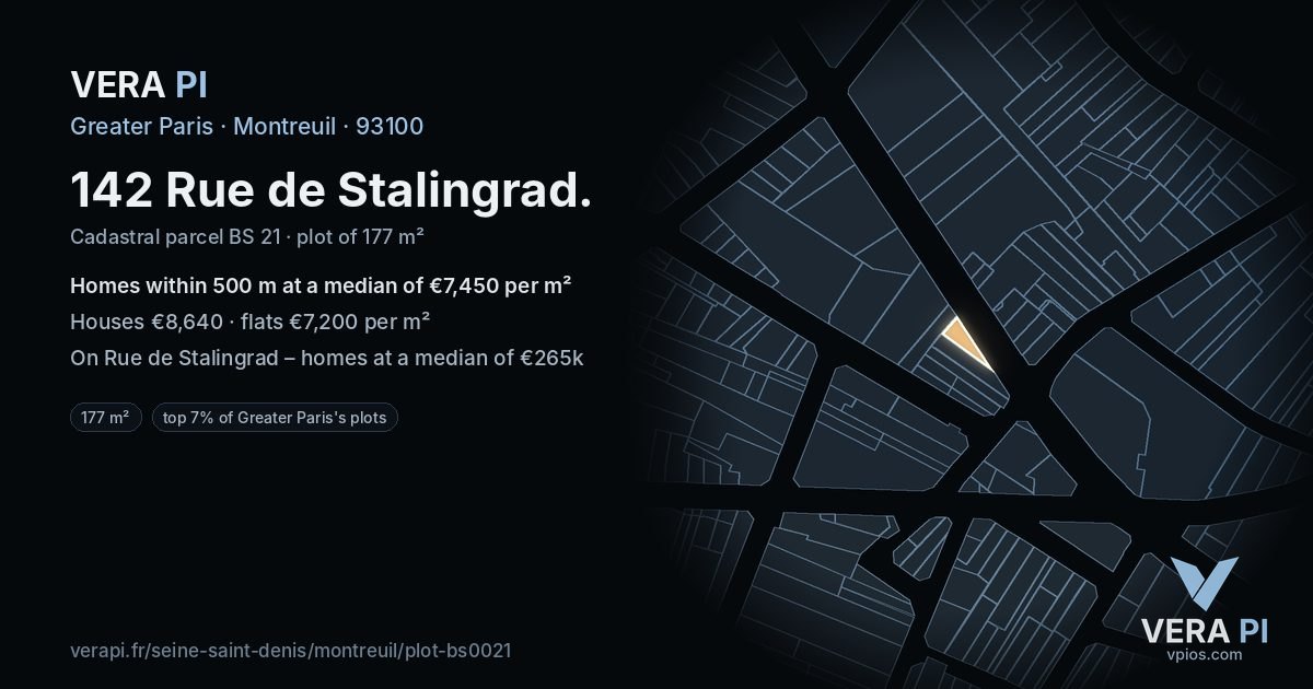 142 Rue de Stalingrad, Montreuil at night – the plot lit, the parcels around coloured by the prices near them
