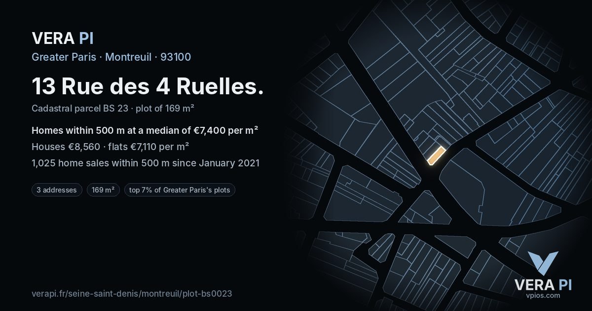 13 Rue des 4 Ruelles, Montreuil at night – the plot lit, the parcels around coloured by the prices near them