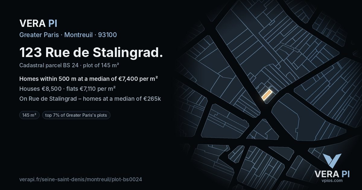 123 Rue de Stalingrad, Montreuil at night – the plot lit, the parcels around coloured by the prices near them