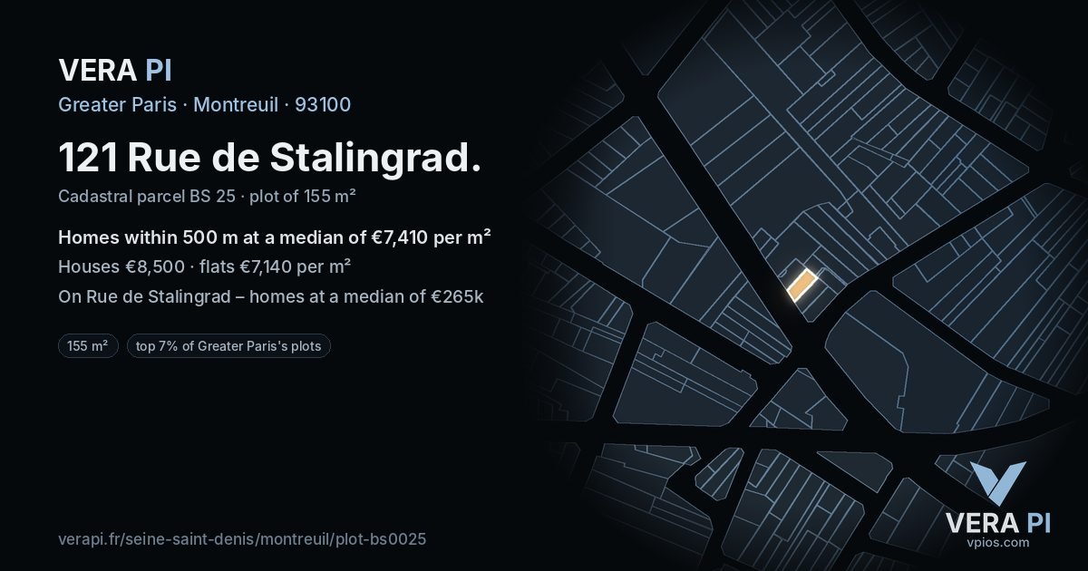 121 Rue de Stalingrad, Montreuil at night – the plot lit, the parcels around coloured by the prices near them