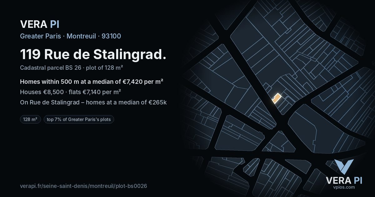 119 Rue de Stalingrad, Montreuil at night – the plot lit, the parcels around coloured by the prices near them