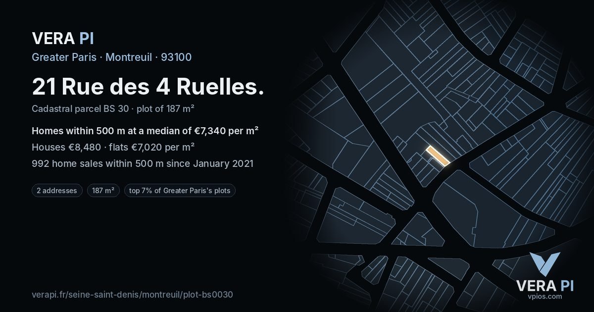 21 Rue des 4 Ruelles, Montreuil at night – the plot lit, the parcels around coloured by the prices near them