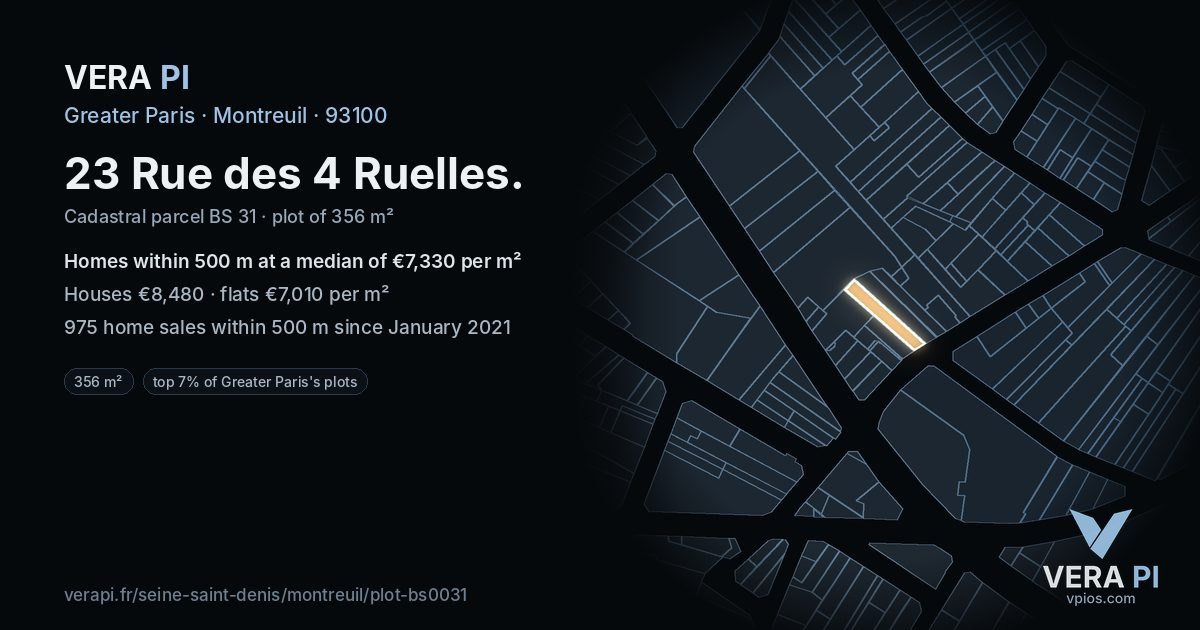 23 Rue des 4 Ruelles, Montreuil at night – the plot lit, the parcels around coloured by the prices near them