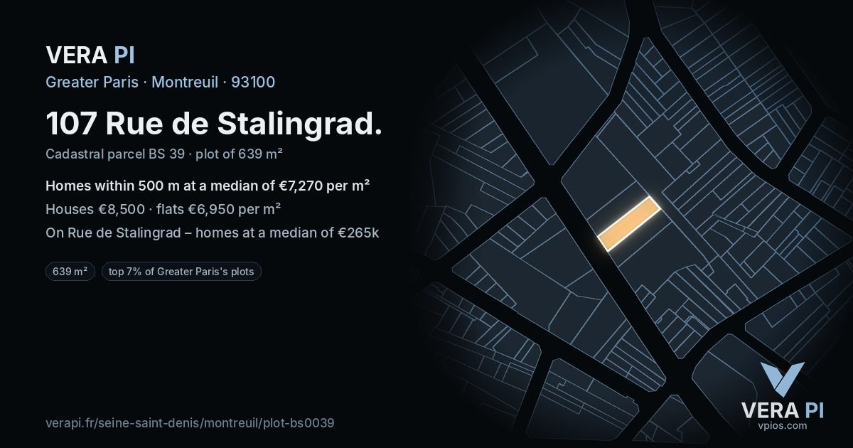 107 Rue de Stalingrad, Montreuil at night – the plot lit, the parcels around coloured by the prices near them