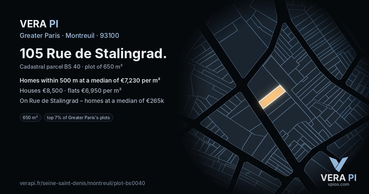 105 Rue de Stalingrad, Montreuil at night – the plot lit, the parcels around coloured by the prices near them