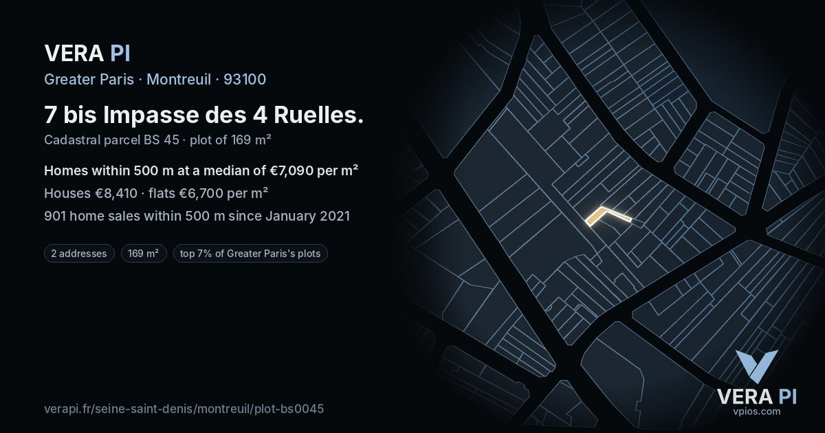 7 bis Impasse des 4 Ruelles, Montreuil at night – the plot lit, the parcels around coloured by the prices near them