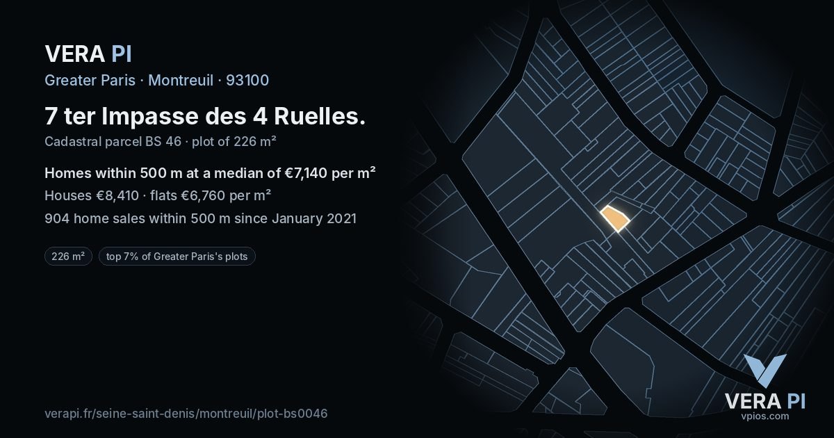 7 ter Impasse des 4 Ruelles, Montreuil at night – the plot lit, the parcels around coloured by the prices near them