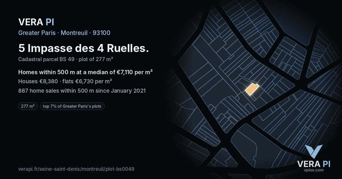 5 Impasse des 4 Ruelles, Montreuil at night – the plot lit, the parcels around coloured by the prices near them