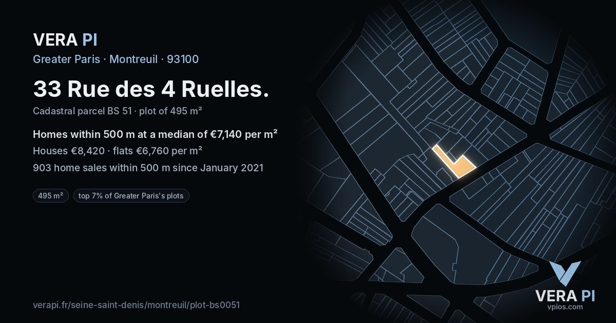 33 Rue des 4 Ruelles, Montreuil at night – the plot lit, the parcels around coloured by the prices near them