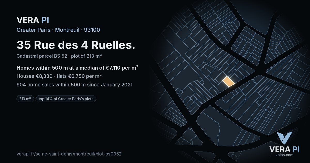 35 Rue des 4 Ruelles, Montreuil at night – the plot lit, the parcels around coloured by the prices near them