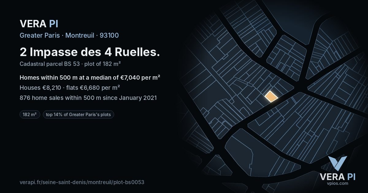 2 Impasse des 4 Ruelles, Montreuil at night – the plot lit, the parcels around coloured by the prices near them