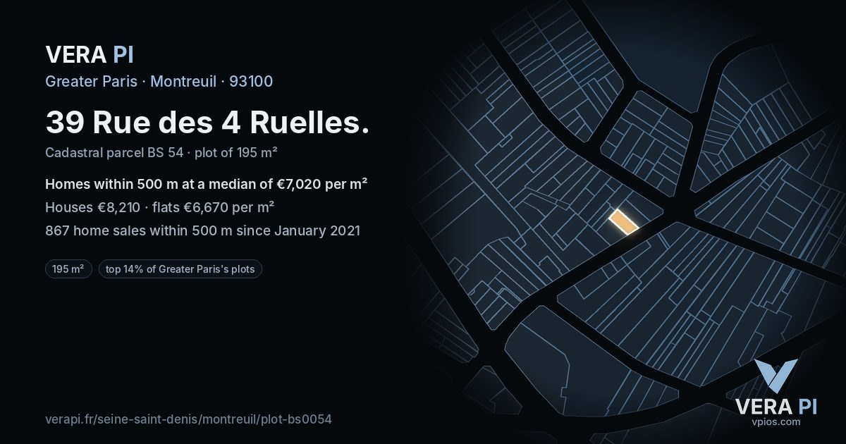 39 Rue des 4 Ruelles, Montreuil at night – the plot lit, the parcels around coloured by the prices near them