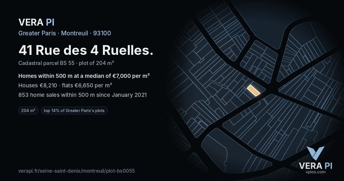 41 Rue des 4 Ruelles, Montreuil at night – the plot lit, the parcels around coloured by the prices near them