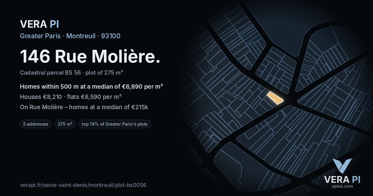 146 Rue Molière, Montreuil at night – the plot lit, the parcels around coloured by the prices near them