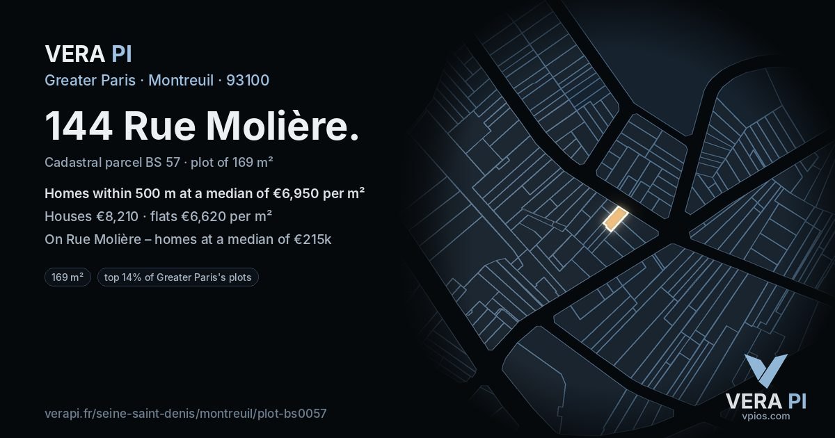 144 Rue Molière, Montreuil at night – the plot lit, the parcels around coloured by the prices near them