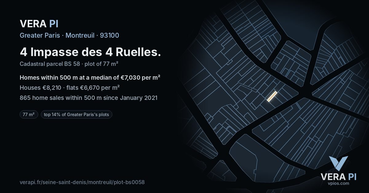 4 Impasse des 4 Ruelles, Montreuil at night – the plot lit, the parcels around coloured by the prices near them